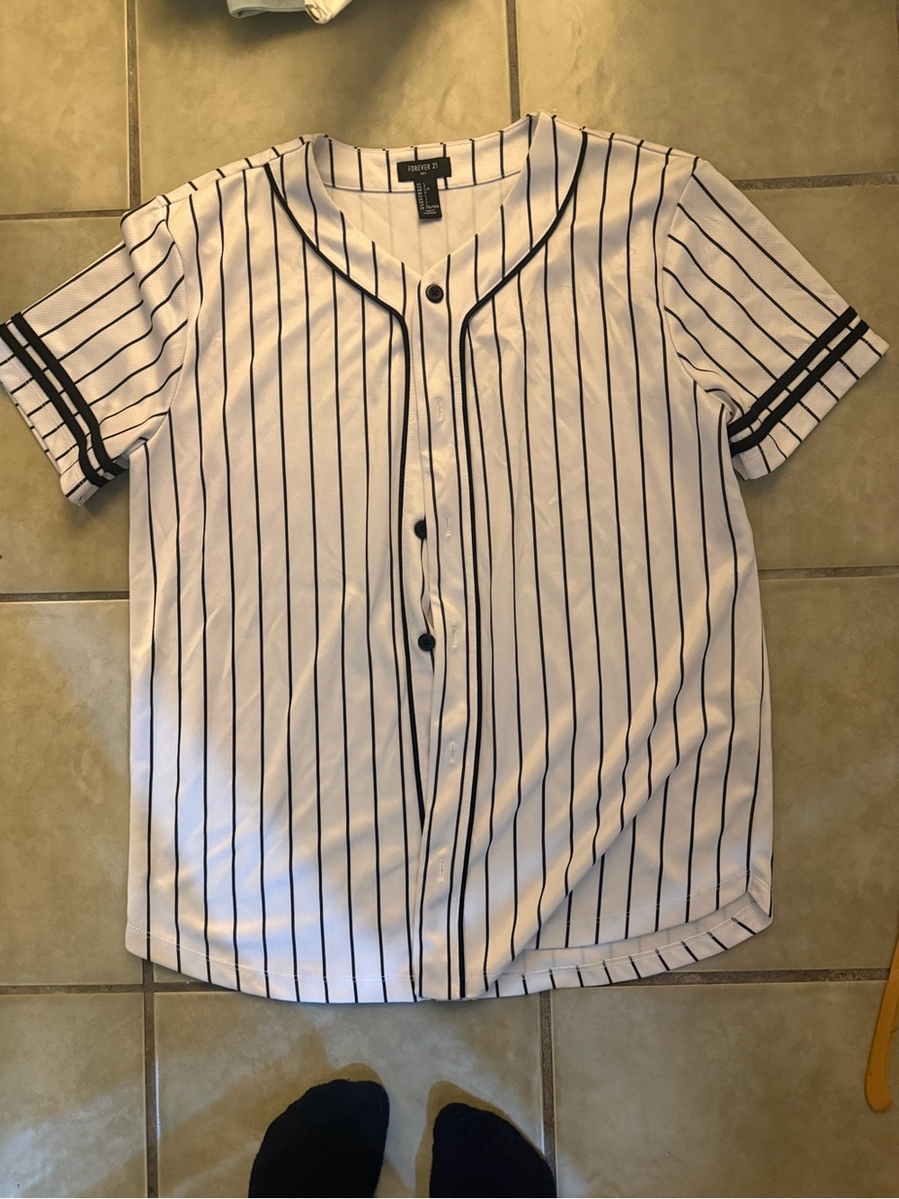 Forever 21 White and Black Pinstripe Baseball Shirt